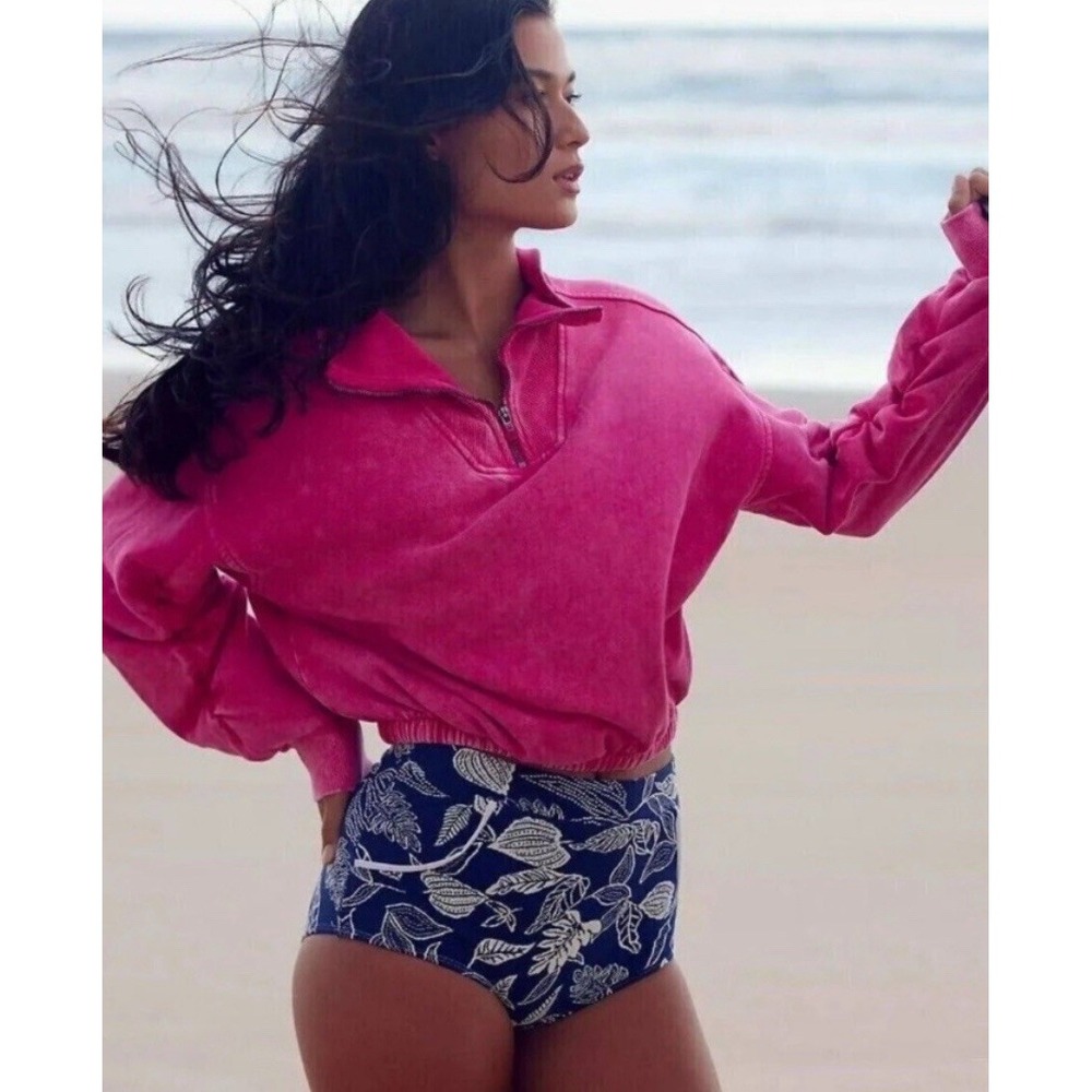 Free People Hot Pink Half-Zip Pullover Sweatshirt
